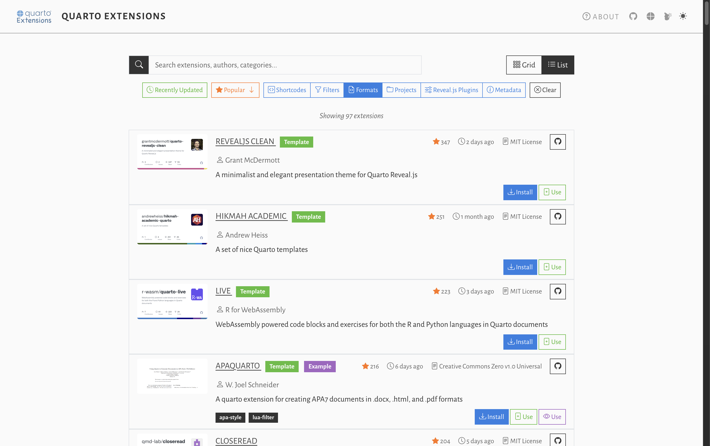 Mickaël CANOUIL's Quarto Extensions list view filtered by formats Quarto Extensions website in list view showing Template extensions with install and use buttons.