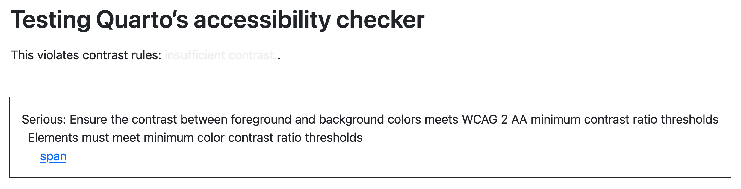 A webpage with a box in the bottom left that warns 'Serious: Ensure the contrast between foreground and background colors meets WCAG 2 AA minimum contrast ratio thresholds'.